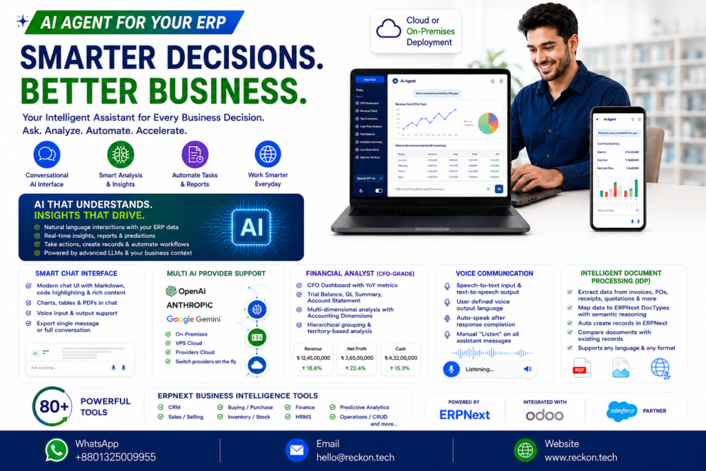 
AI Analytics
AI Assistant
AI Bangladesh
AI Business Solutions
AI-Powered ERP
Business Intelligence
Conversational AI
Enterprise AI
Enterprise Automation
ERP AI Agent
ERP Automation
ERP Software
ERPNext
Financial Forecasting
Intelligent ERP
Reckon Technologies Ltd
Workflow Automation